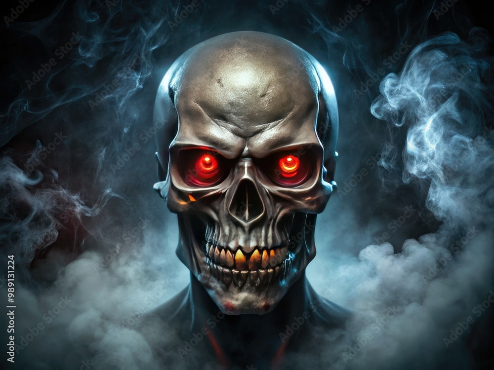 A spooky skeleton head with glowing red eyes and a menacing grin, set against a dark and ominous background with subtle smoke effects. A spooky skeleton head with glowing red eyes and a menacing grin, set against a dark and ominous background with subtle smoke effects.