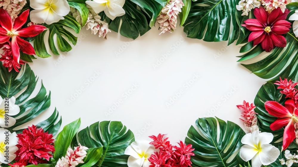 A vibrant floral arrangement with tropical leaves and flowers framing a blank space. A vibrant floral arrangement with tropical leaves and flowers framing a blank space.