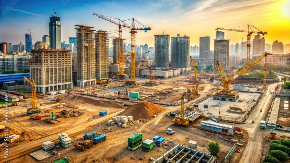 Fototapeta premium A sprawling urban development site with cranes, scaffolding, and partially built structures, surrounded by dusty excavators and heavy machinery amidst a bustling cityscape.