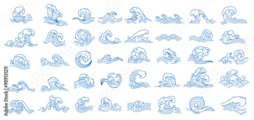 Asian japanese or chinese sea waves, vector oriental art. Vintage asian waves with ocean and sea water flow texture. Blue line splashes and tsunami surf with water swirls and ripples pattern