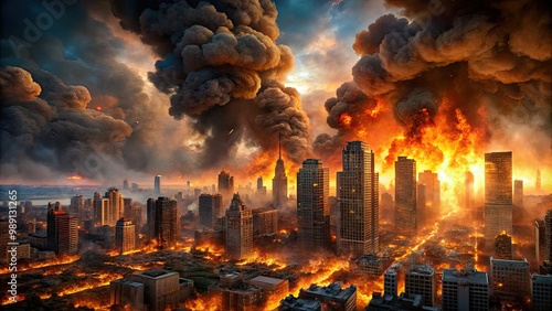 A sprawling metropolitan area engulfed in flames, buildings ablaze, smoke billowing into the darkened sky, chaos and destruction reign amidst devastating urban inferno. photo