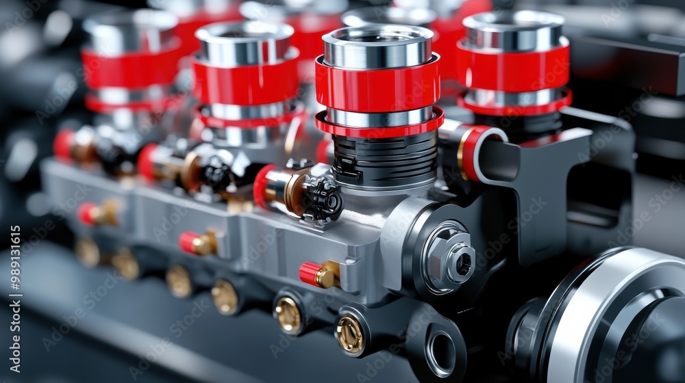 Close-Up of Automotive Engine Component with Red Highlights Close-Up of Automotive Engine Component with Red Highlights