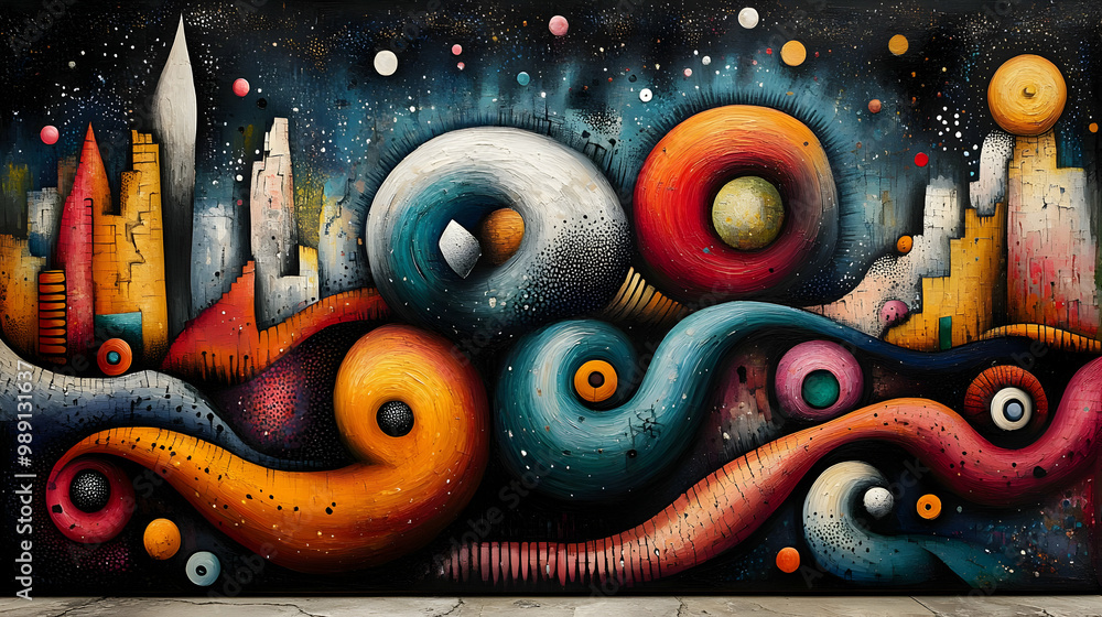 Abstract Cityscape with Swirling Shapes and Stars Abstract Cityscape with Swirling Shapes and Stars