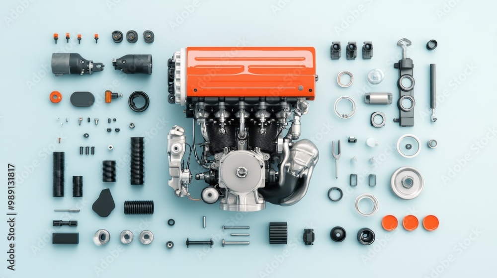 Engine Parts Layout on Blue Background Overview Engine Parts Layout on Blue Background Overview