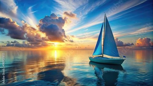 A stylized, bright blue sailboat glides across a serene, shimmering turquoise ocean, with wispy white clouds and a subtle sunset glow on the horizon.