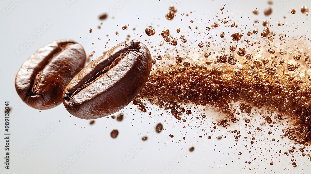 A dynamic coffee bean explosion with coffee droplets flying outward, frozen mid-motion on a transparent background A dynamic coffee bean explosion with coffee droplets flying outward, frozen mid-motion on a transparent background