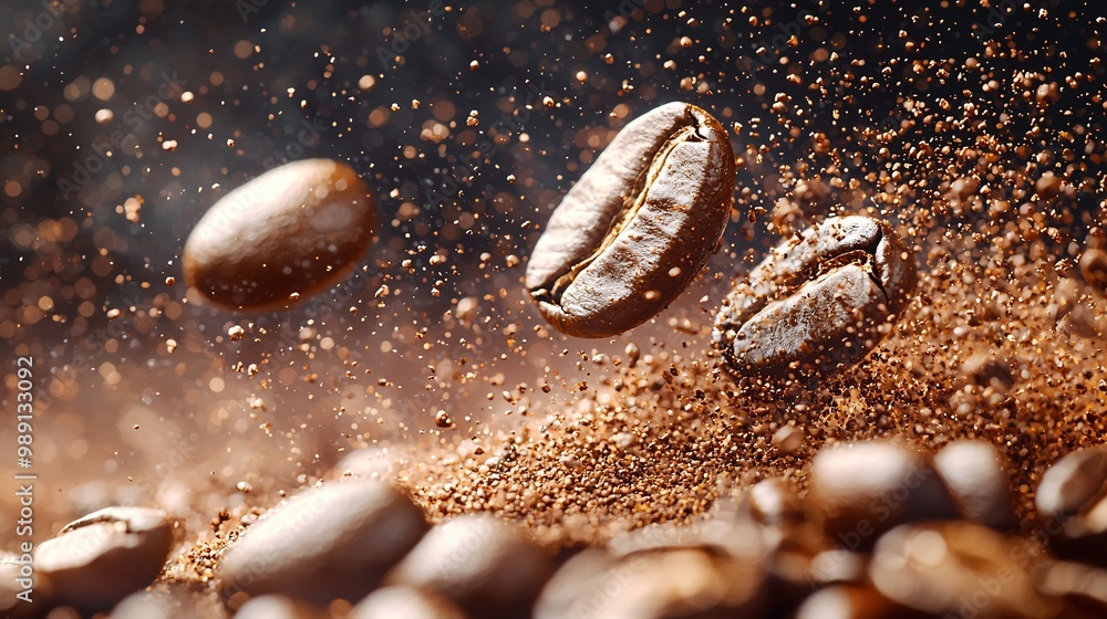 Coffee beans flying through the air in an energetic explosion, with coffee splashes suspended on a transparent background Coffee beans flying through the air in an energetic explosion, with coffee splashes suspended on a transparent background