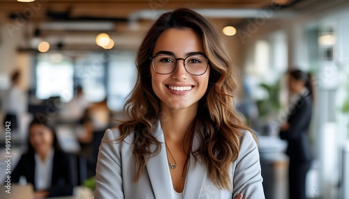 Confident businesswoman smiling in office, showcasing pride and professionalism in a startup environment as a dedicated sales consultant