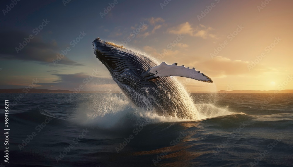 Fototapeta premium A whale is leaping out of the water, creating a splash. Concept of freedom and power, as the whale soars through the air. Generative AI