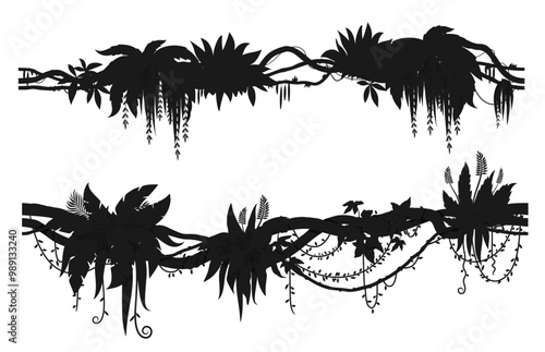 Tropical jungle forest liana branch silhouettes. Vector black vines and leaves of rainforest tree, climbing plant or creeper. Tropical floral borders set of jungle tree branches and vines silhouettes