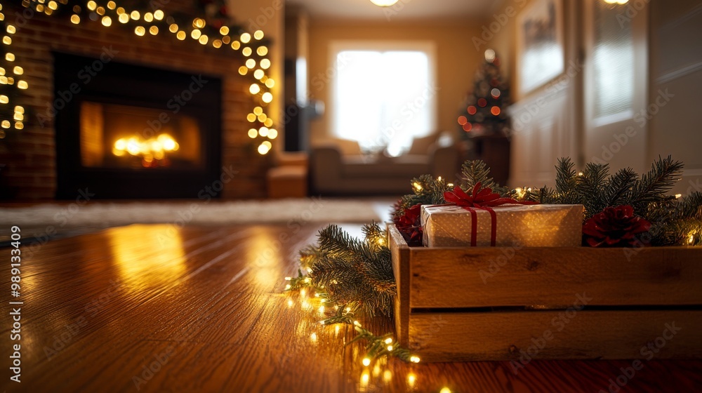 Una caja de madera llena de regalos decorados con luces festivas, colocada frente a una chimenea encendida, creando un ambiente navideño cálido.