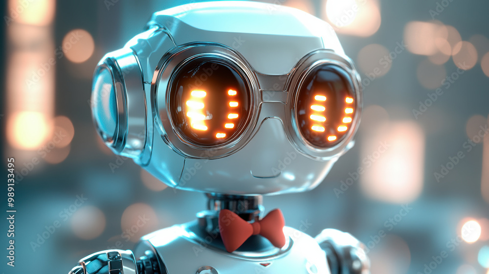 sleek, futuristic robot with friendly appearance, featuring glowing eyes and bow tie, stands out in softly lit environment. Its design combines modern technology with charming personality sleek, futuristic robot with friendly appearance, featuring glowing eyes and bow tie, stands out in softly lit environment. Its design combines modern technology with charming personality