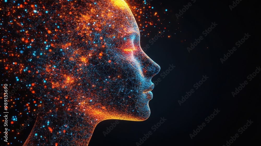 intricate wireframe human head profile filled with interconnected puzzle pieces neural pathways light up in vibrant colors symbolizing the complexity of cognitive processes and mental health intricate wireframe human head profile filled with interconnected puzzle pieces neural pathways light up in vibrant colors symbolizing the complexity of cognitive processes and mental health