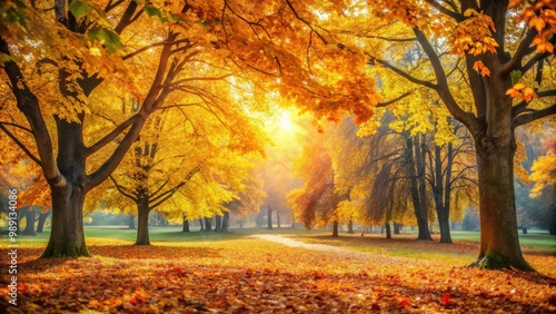 Golden autumn leaves gently falling in sunlit park scene, showcasing peacefulness and beauty of nature