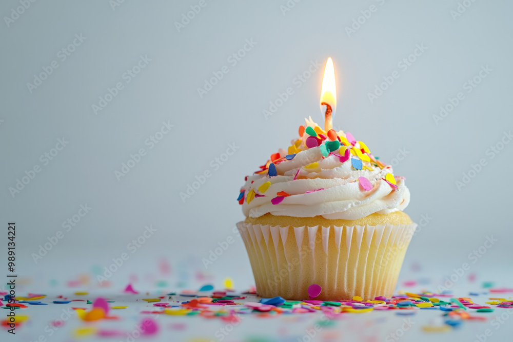 Cupcake with Lit Candle Surrounded by Colorful Confetti Cupcake with Lit Candle Surrounded by Colorful Confetti