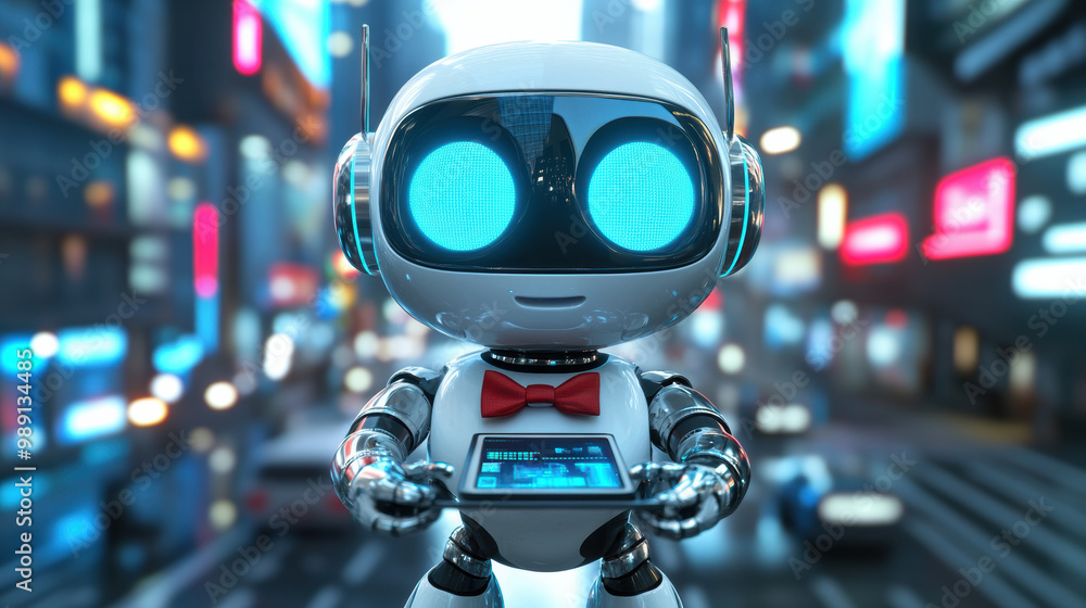 friendly futuristic robot with sleek design stands in vibrant cityscape, showcasing its advanced technology and charming personality friendly futuristic robot with sleek design stands in vibrant cityscape, showcasing its advanced technology and charming personality