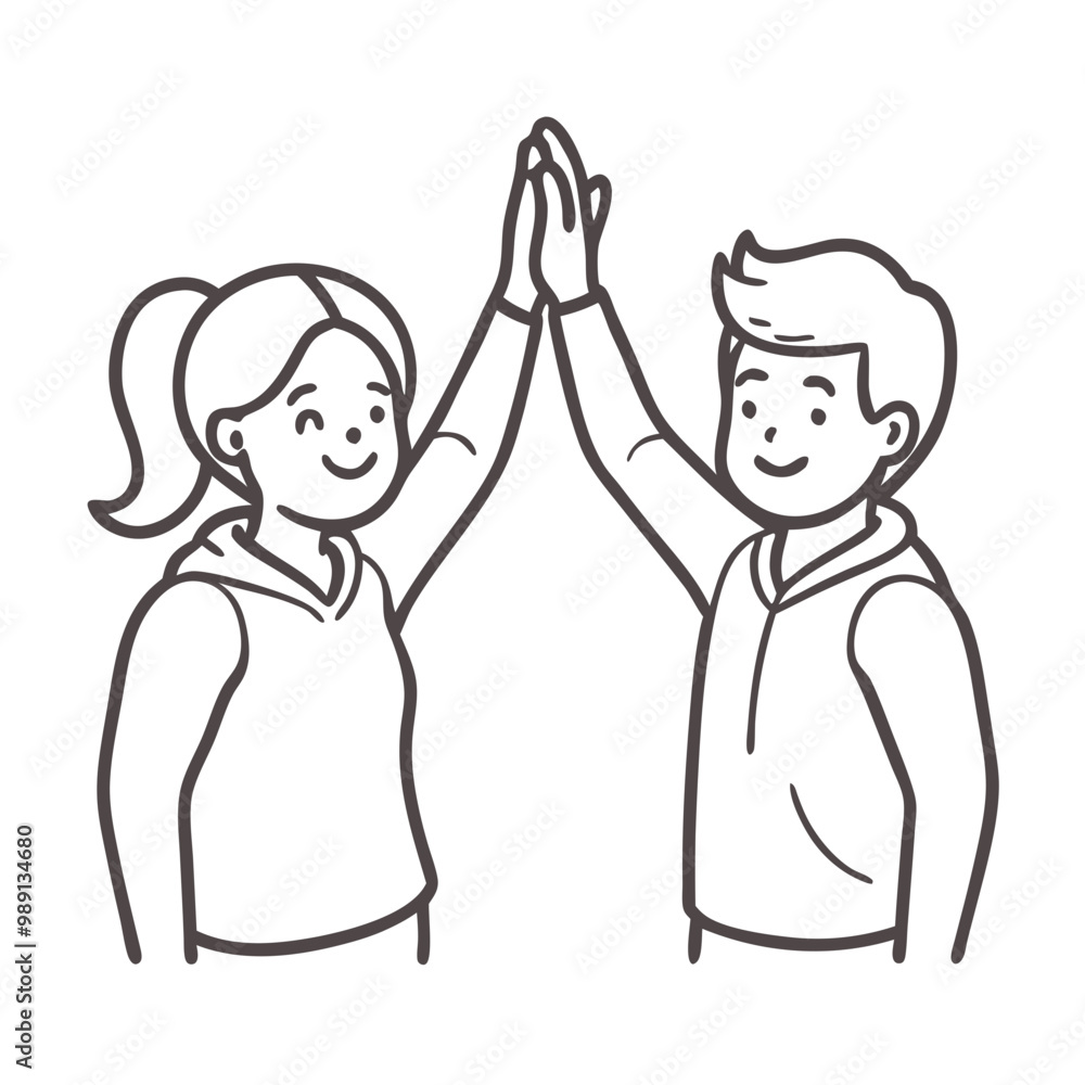 Two people giving a high five, simple outline on white background Two people giving a high five, simple outline on white background
