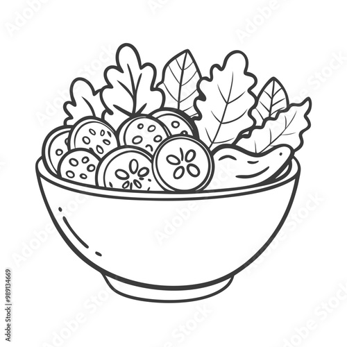 Bowl of healthy salad with fresh vegetables and greens, simple outline on white background 