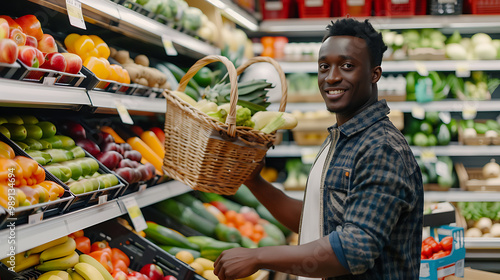 A close-up of a happy, stylish young man shopping in the fresh produce section of a supermarket, holding a basket while browsing colorful fruits and vegetables displayed in the grocery store.