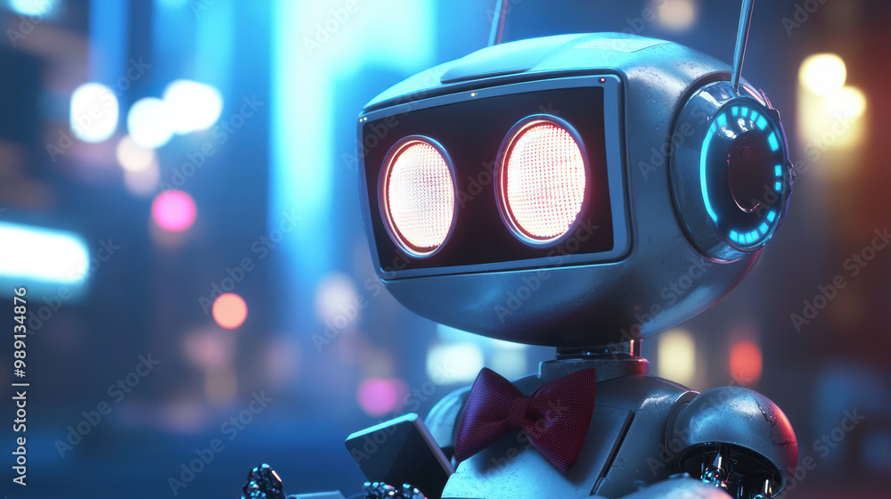 sleek, futuristic robot with friendly appearance stands in vibrant, neon lit environment, showcasing its charming design and advanced technology sleek, futuristic robot with friendly appearance stands in vibrant, neon lit environment, showcasing its charming design and advanced technology