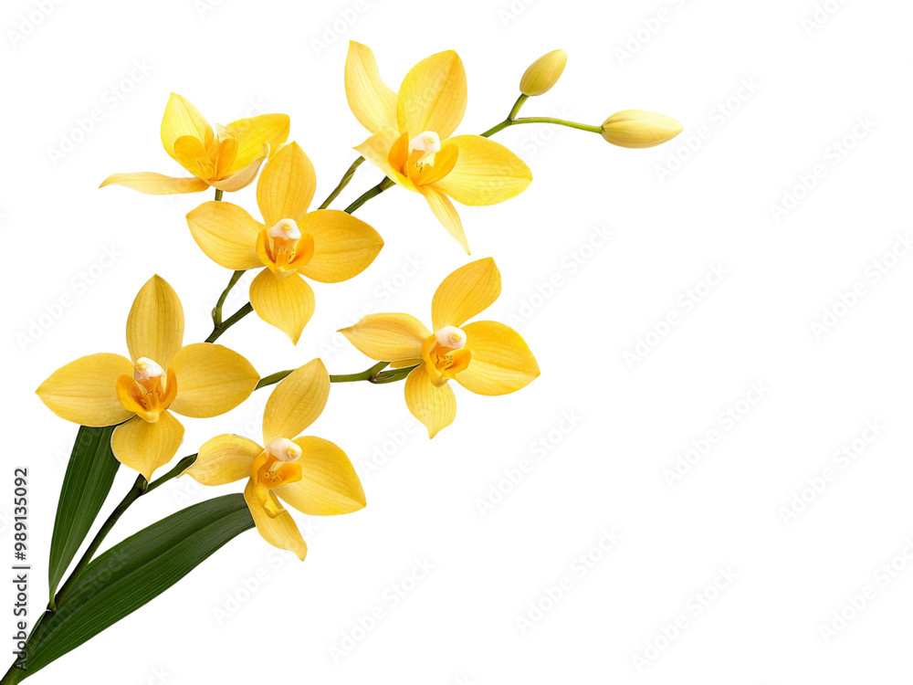 Fototapeta premium A yellow dendrobium orchid with thin, arching stems, isolated on a clean transparent background, PNG file.