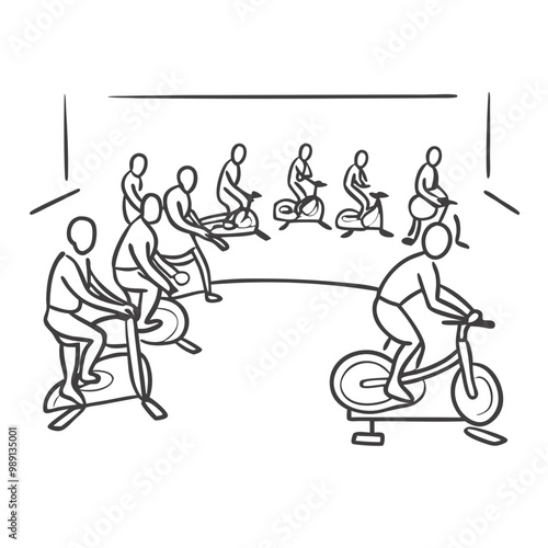 Cycling class participants exercising joyfully in a gym studio background