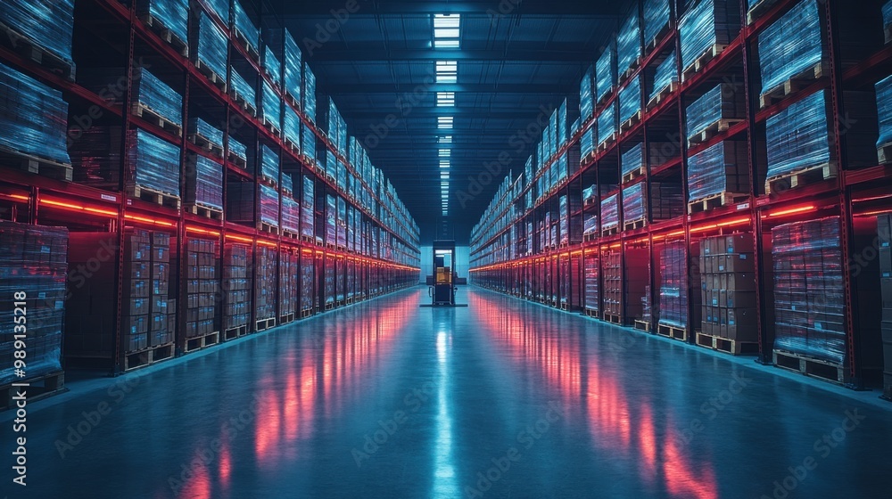 Warehouse Interior with Forklift and Rows of Shelves Warehouse Interior with Forklift and Rows of Shelves