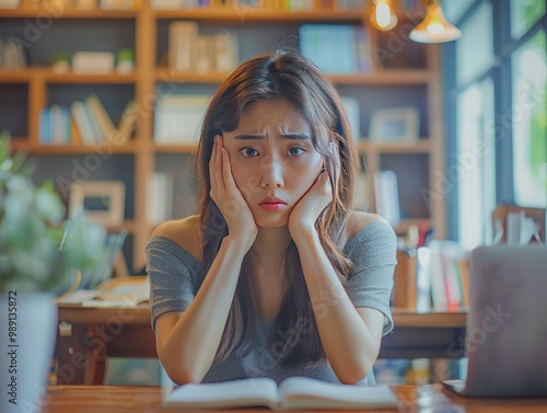 A young woman looks stressed while sitting at a table with an open book.