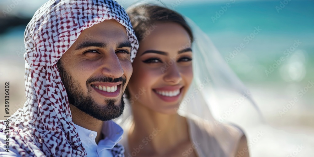 Close up portrait of arab man and woman model couple on the beach Close up portrait of arab man and woman model couple on the beach