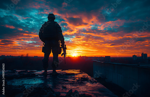 Silhouette of an Armed Soldier Standing Guard at Sunrise on a Rooftop photo