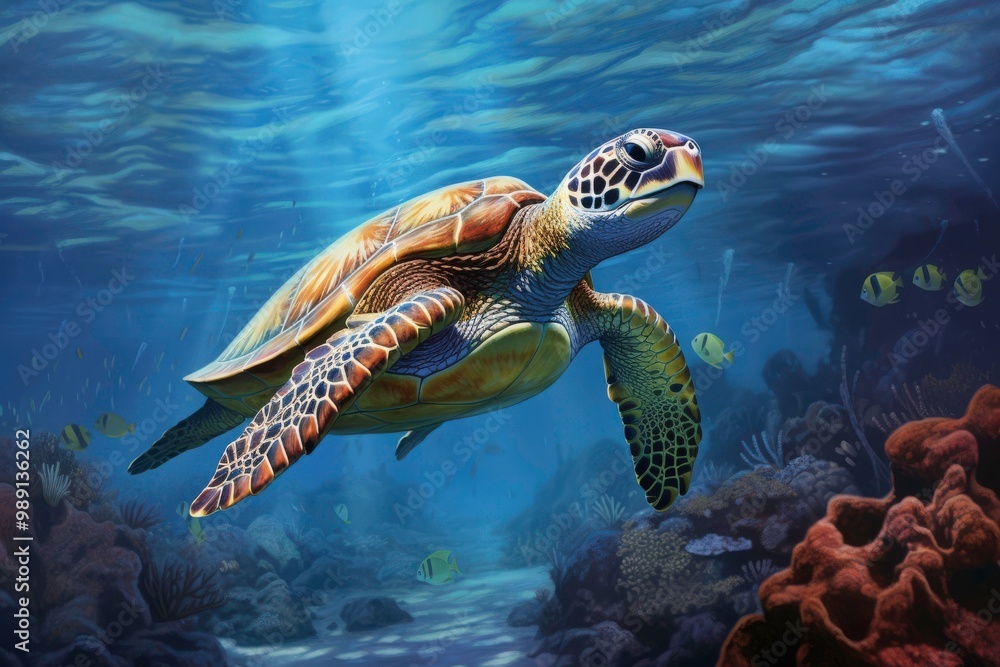 Obraz premium A turtle swims in the sea, with a school of fish swimming nearby. with coral reefs and fish creating a beautiful underwater view. Generative AI
