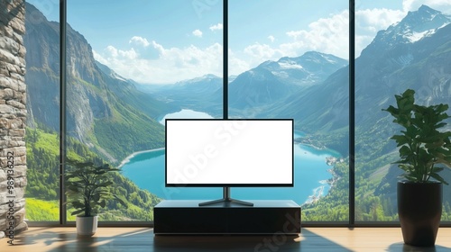 Mockup of modern monitor/TV in front of window overlooking beautiful lake, AI-generative