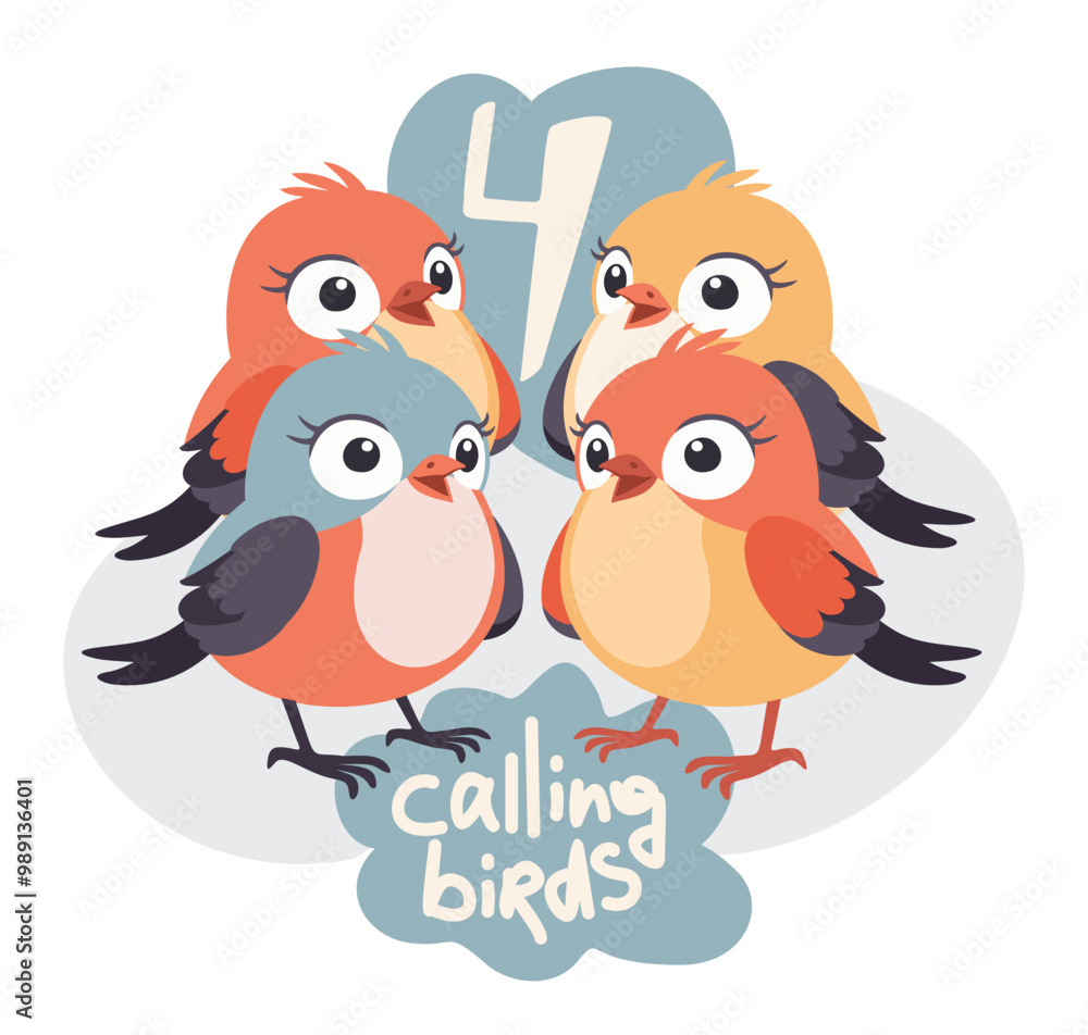 Fototapeta premium Four calling birds. The twelve days of Christmas. English Christmas carol. Fourth day. Vector isolated illustration