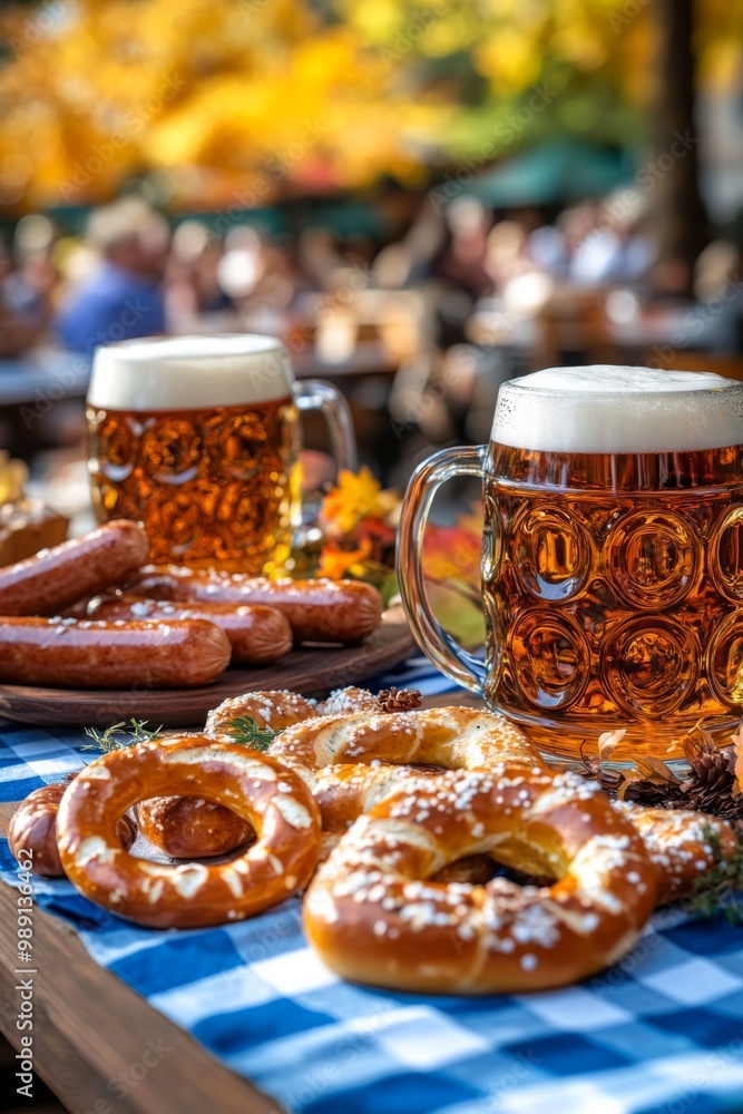 a joyful oktoberfest celebration display with large steins of beer, pretzels, bratwurst, and blue-and-white checkered tablecloth surrounded by autumn decorations a joyful oktoberfest celebration display with large steins of beer, pretzels, bratwurst, and blue-and-white checkered tablecloth surrounded by autumn decorations