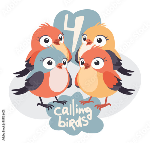Four calling birds. The twelve days of Christmas. English Christmas carol. Fourth day. Vector isolated illustration