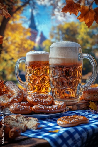 a joyful oktoberfest celebration display with large steins of beer, pretzels, bratwurst, and blue-and-white checkered tablecloth surrounded by autumn decorations