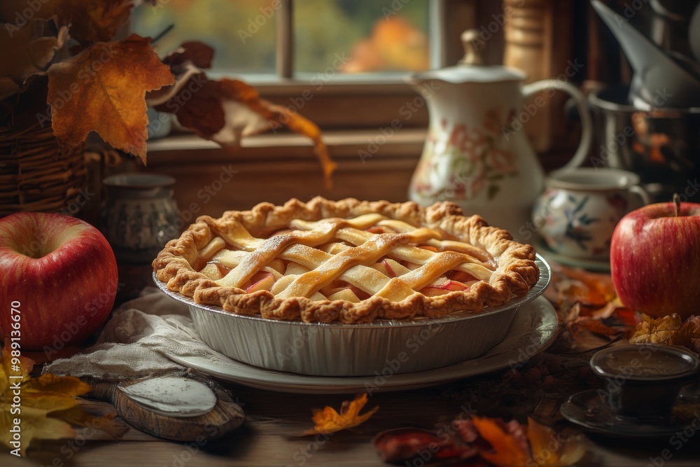 a lively national apple pie day display with a freshly baked apple pie, lattice crust, and a cozy fall-themed kitchen backdrop a lively national apple pie day display with a freshly baked apple pie, lattice crust, and a cozy fall-themed kitchen backdrop