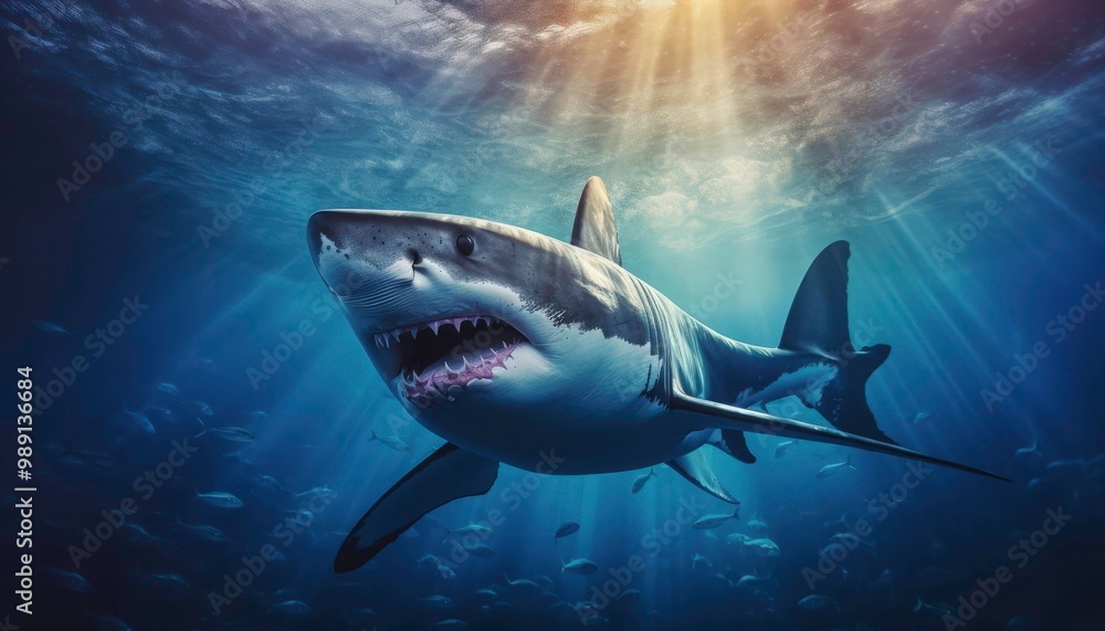 Fototapeta premium killer whale Orcinus orca is swimming in the deep blue sea. The water is blue, and the sun is shining brightly. Generative AI