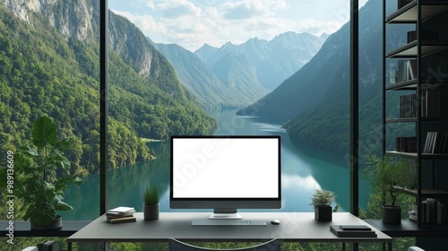 Mockup of modern monitor in front of window overlooking beautiful lake, AI-generative