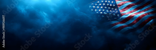 Vertical American Flags on Dark Blue Background with Misty Atmosphere