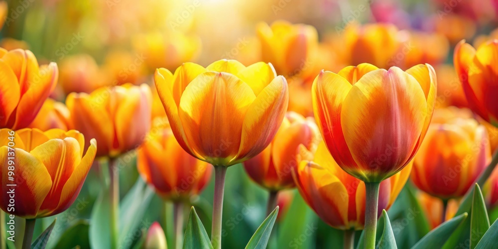 Close up of vibrant yellow orange tulips blooming in a spring garden Close up of vibrant yellow orange tulips blooming in a spring garden