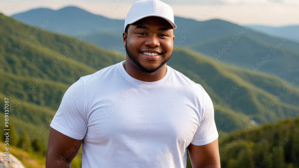 Plus size young black man wearing white t-shirt and white baseball cap standing on a mountain Plus size young black man wearing white t-shirt and white baseball cap standing on a mountain