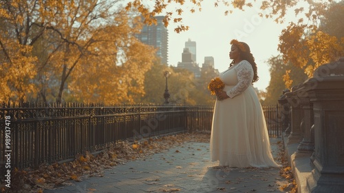 Happy smiling black bride portrait outdoors in the autumn park, beautiful African-American woman in white wedding dress, background with yellow fall trees, AI generated image photo