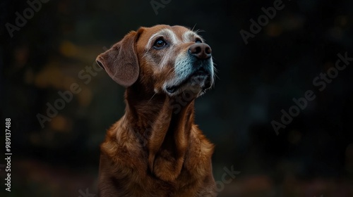 A beautiful portrait of an elderly brown dog looking up against a dark, blurred background showcasing the animal's expressive and soulful eyes.