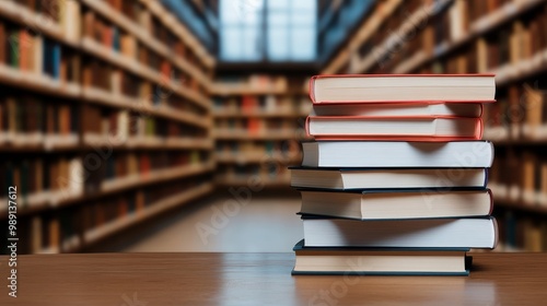 A Stack of Books Resting on a Wooden Table in a Library or Bookstore