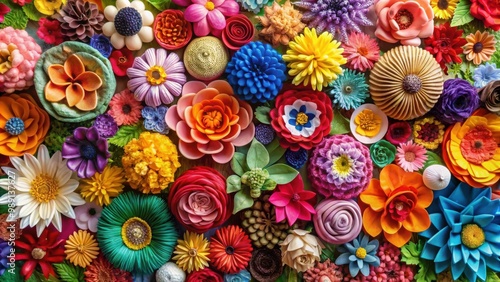 A vibrant collection of handmade flowers crafted from various materials, showcasing creativity and artistic expression