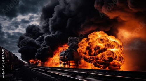 A dramatic scene of a massive explosion and fire on a railway track under dark, ominous clouds, illustrating chaos and danger. photo