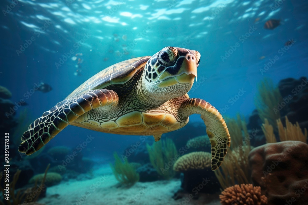 Fototapeta premium A turtle swims in the sea, with a school of fish swimming nearby. with coral reefs and fish creating a beautiful underwater view. Generative AI