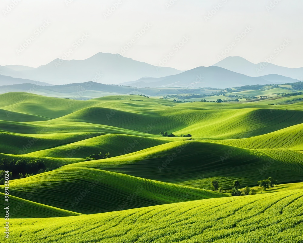 Fototapeta premium Lush green hills with a patchwork of fertile farmland, soft sunlight, serene atmosphere, photorealistic, dynamic wide-angle view