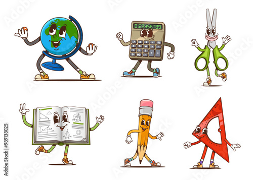 Cartoon groovy school characters of education stationery and student supplies, vector icons. Groovy school funny characters, ruler with funky face and pencil with freaky book, calculator and scissors
